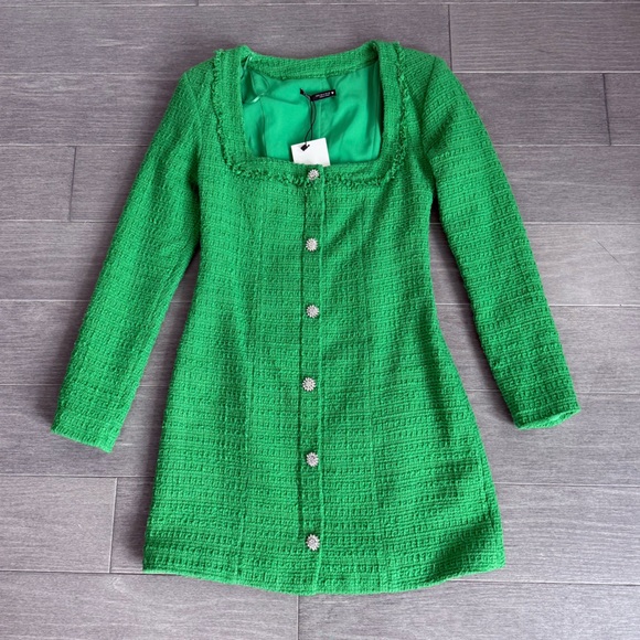 ZARA Kelly Green Textured Tweed Mini Dress Jewel Buttons NWT S Blogger Favorite - Picture 11 of 16